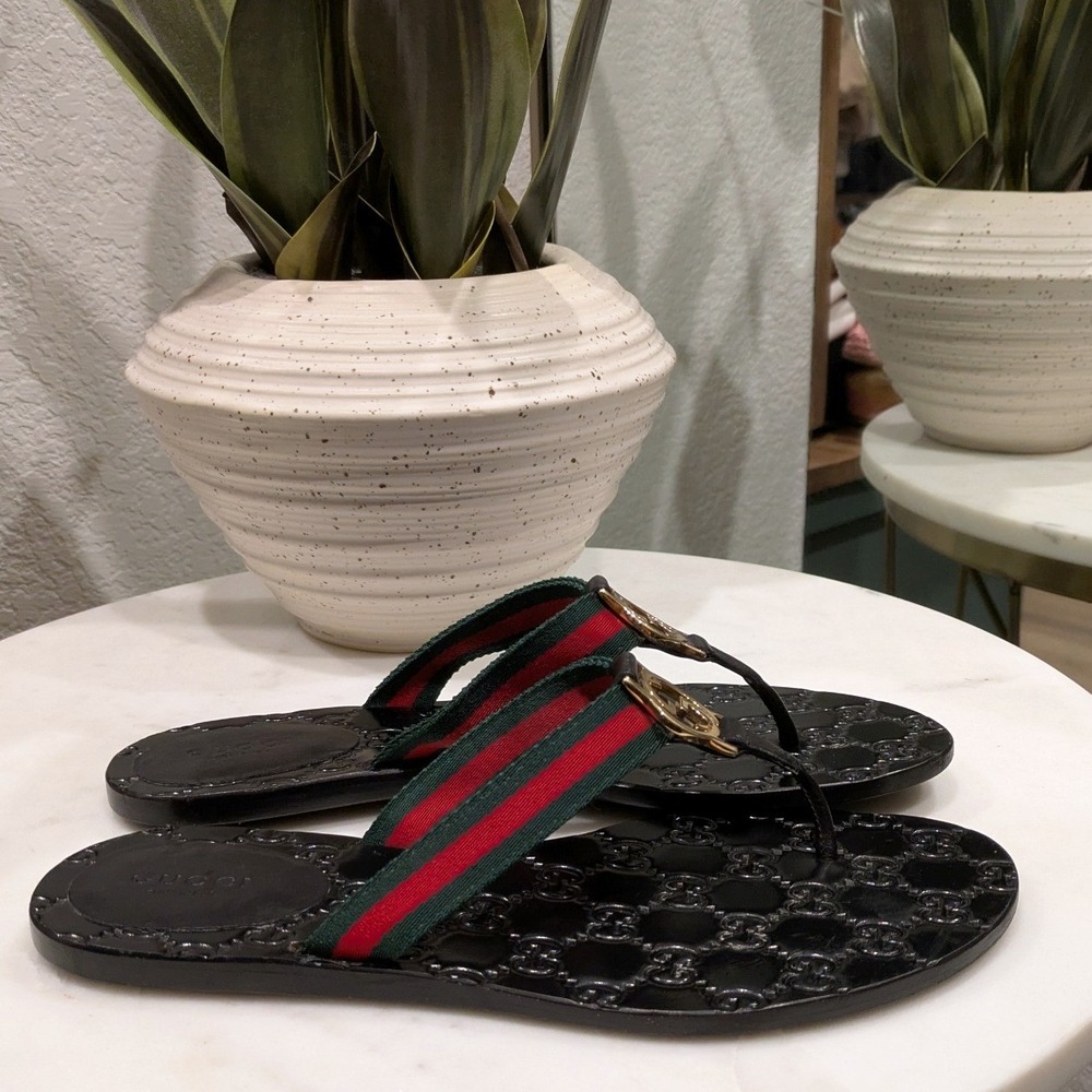 Gucci Flip Flop Thong Sandals Women 37.5 Black Green Red GG Monogram - Picture 6 of 14